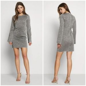 NWOT Good American Metallic Silver Bell Sleeve Body Con Mini Dress